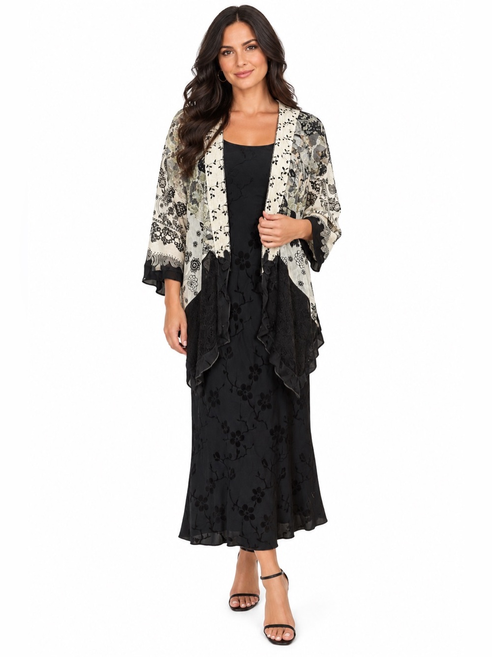 VTG Spencer Alexis Black & Cream Floral Lace Cardigan Jacquard Floral Tank Dress